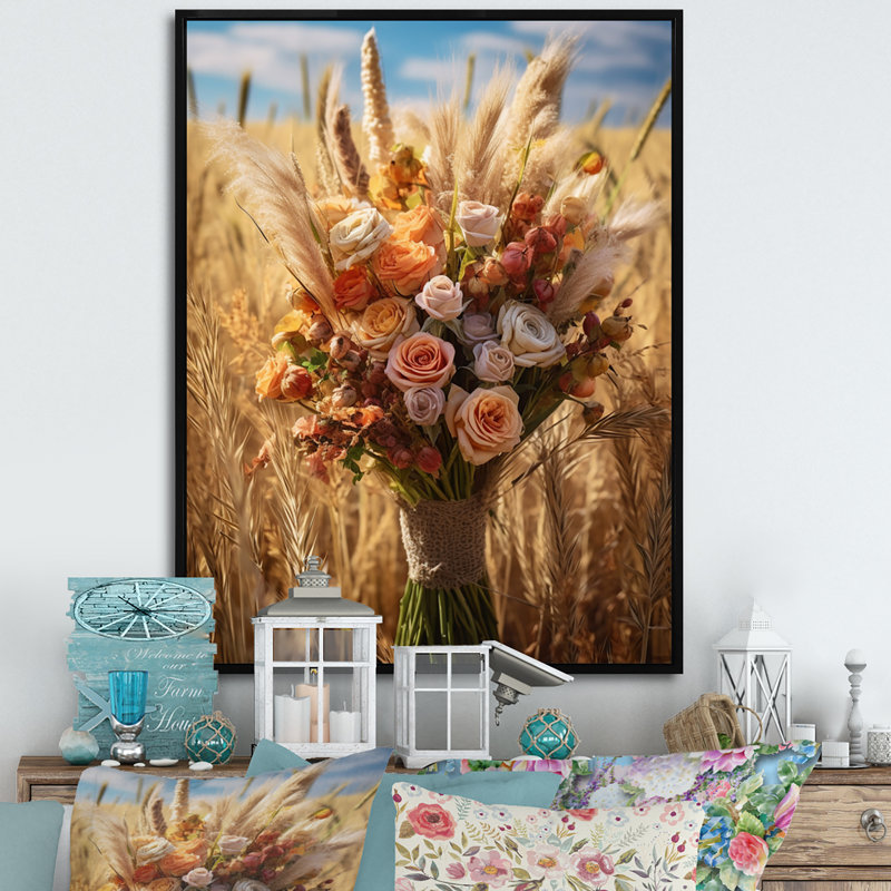 Assortiment de bouquet à la ferme I - reproduction sur toile, H 32 po x l 16 po x P 1 po, Cadre flottant noir
