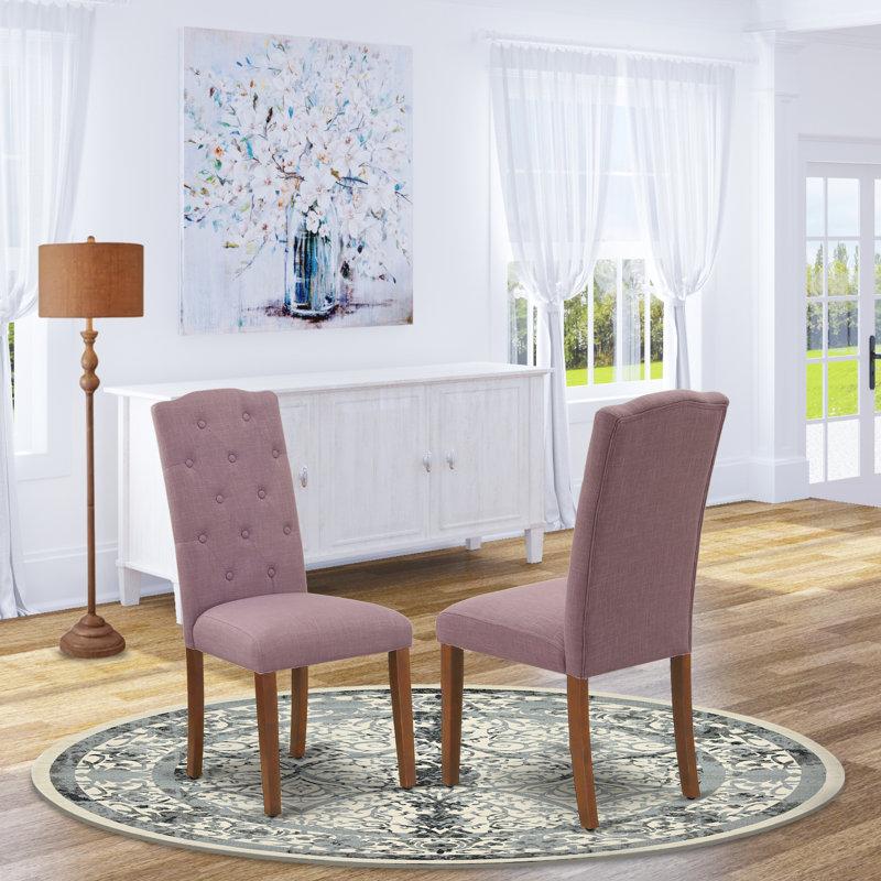 Celina Parson Kitchen Chairs - Button Tufted Dahlia Linen Fabric Upholstered Dining Chairs, Set of 2, Mahogany, Dahlia