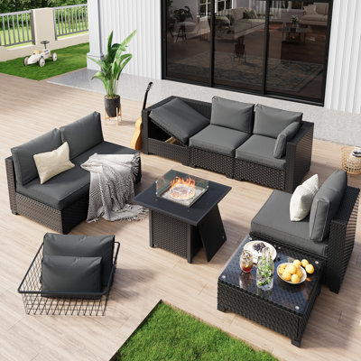 Mobilier d'extérieur à chaises longues entièrement modulables, ensemble de conversation pour terrasse pour 6 personnes avec housse imperméable et foyer d'extérieur