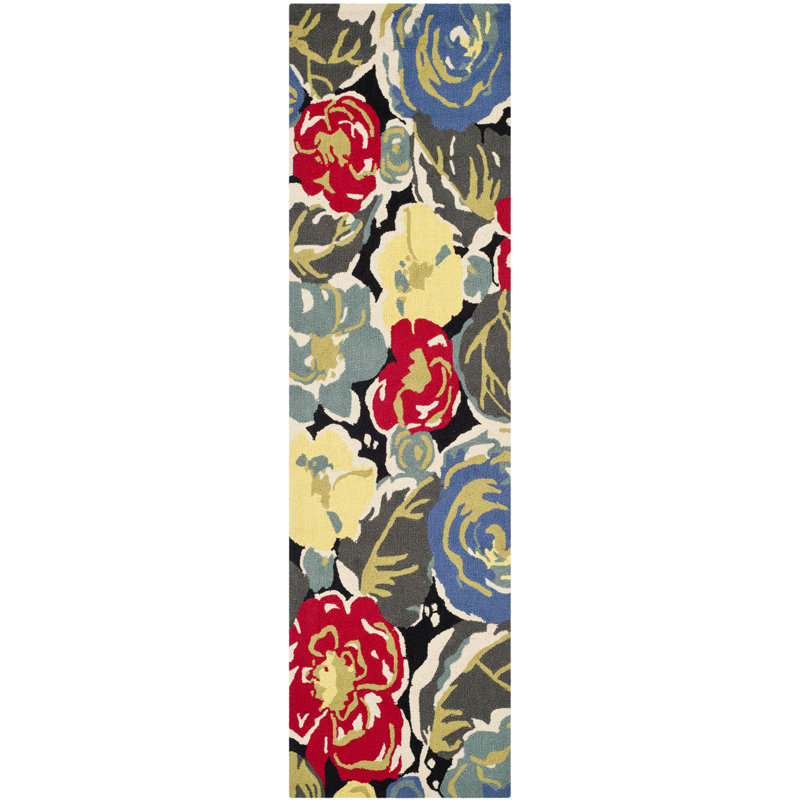 Tapis crocheté à la main à motif floral bleu / jaune / gris Doyle, Tapis de couloir 2 pi 3 po x 8 pi