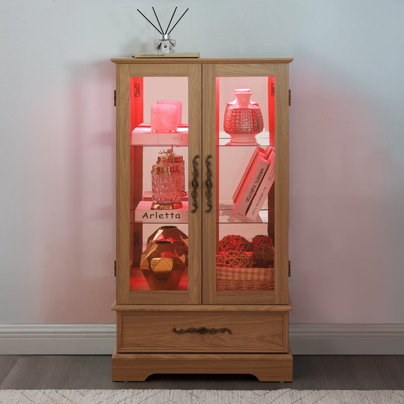 Vitrine lumineuse en verre avec tablettes réglables - 2 portes, 1 tiroir, lumières DEL, finition chêne clair élégant, buffet