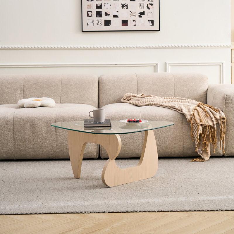 Table basse en verre de style moderne du milieu du siècle avec finition brun noyer, largeur 65,3 cm, utilisable en toute sécurité comme petite table centrale en bois, convient à divers espaces.