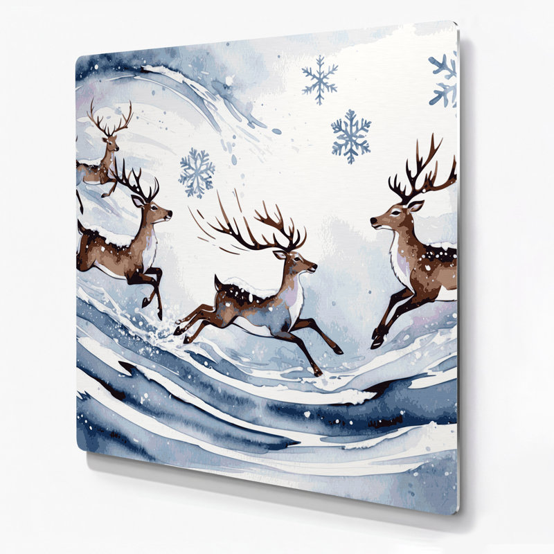 Art mural en métal renne de Noël jouant dans la neige, H 32 po x l 32 po