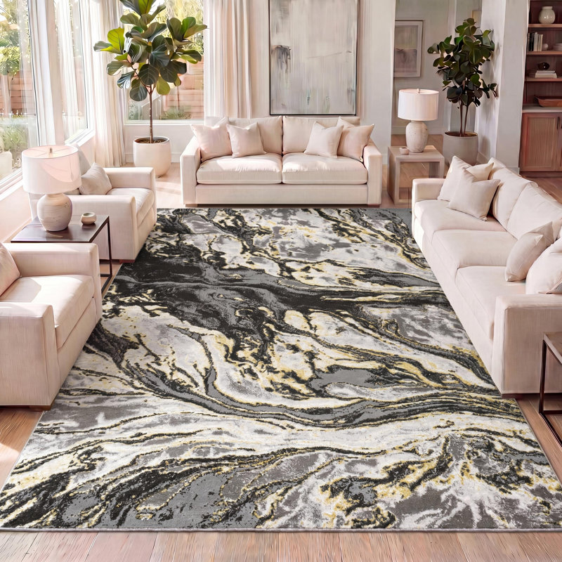 Tapis noir / jaune à motif abstrait Horfield, Rectangle de 5 pi x 8 pi