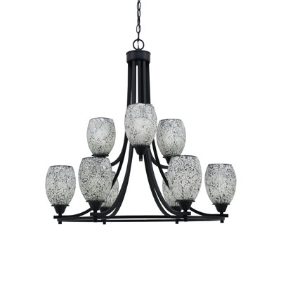 Paramount 9 Light Uplight Chandelier Shown In Matte Black Finish With 5" Black Fusion Glass