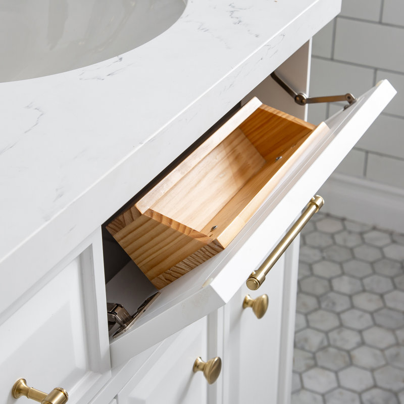 Bruning 60" Carrara Engineered Marble Countertop Bath Vanity with Mirror, Pure White, Satin Gold