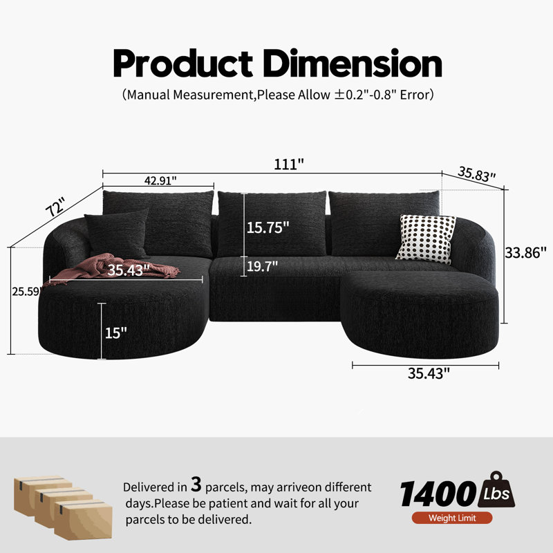 Ensemble de canapé modulaire Boneless, Orienté à gauche (vu de face), H 33,86 po x l 111 po x P 72 po, Noir