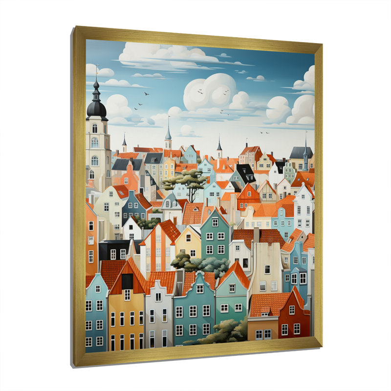 Collage de toits écarlates Elyx Danemark IV, Encadrement doré, H 44 po x l 34 po x P 1,5 po