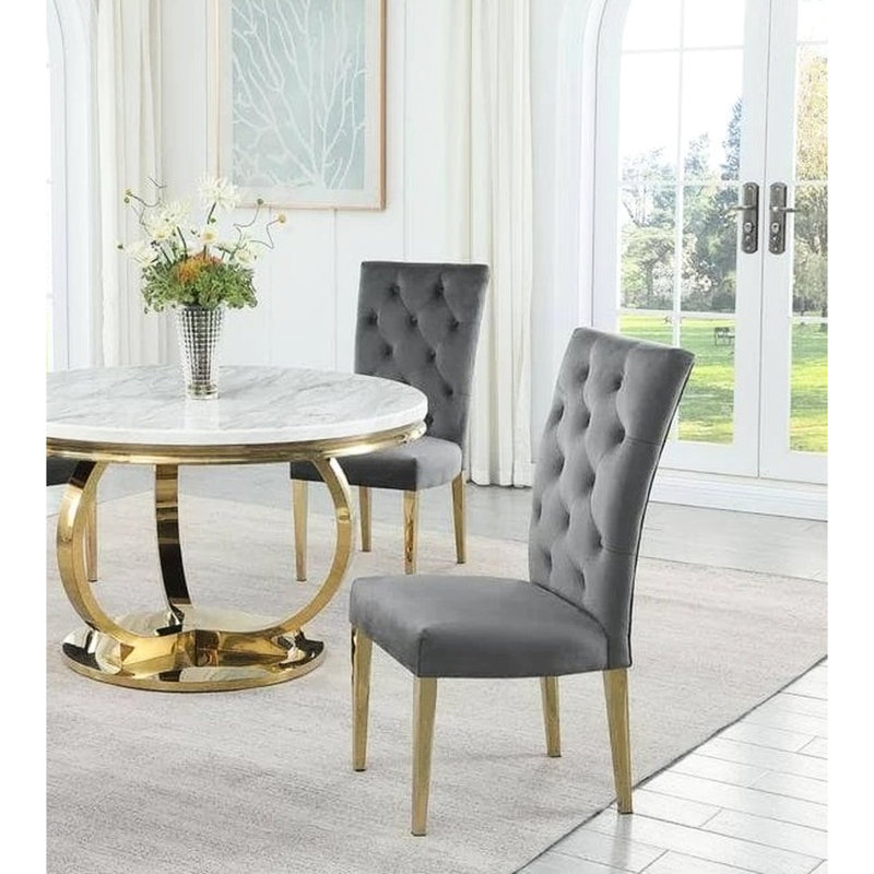 Chaise de salle à manger moderne en velours gris avec dossier rembourré en acier inoxydable et pieds dorés, Gris, Doré