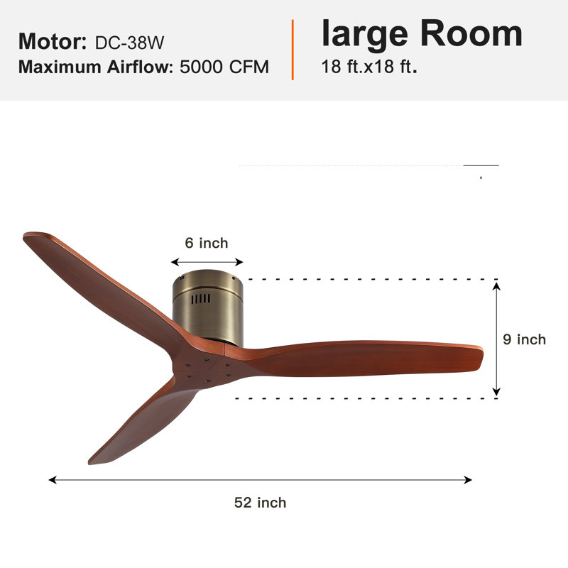 52" 3-Blades Flush Mount Wood Ceiling Fan without Light, Bronze, Brown