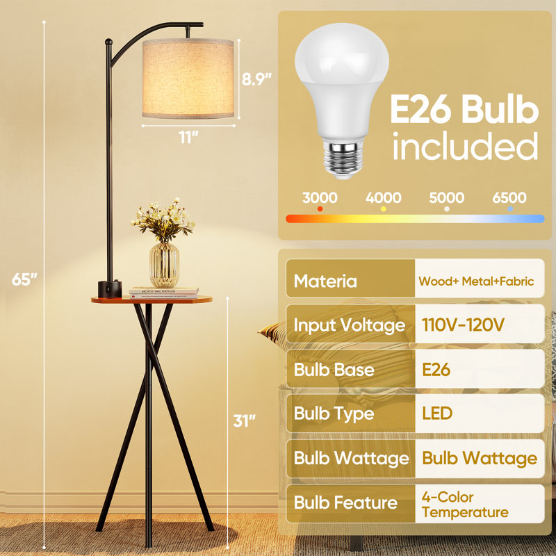 65‘’Floor Lamp with Table, End Table with Remote and Charging Station, 4 Color Temperatures