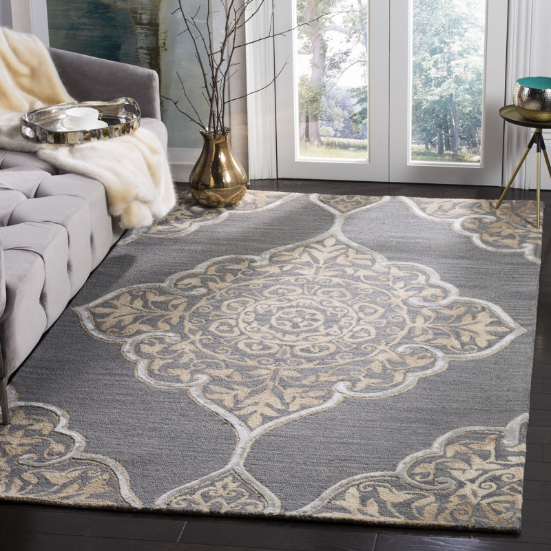 Brennan Hand Tufted Wool/Cotton Geometric Rug in Slate/Beige, Rectangle 9' x 12'