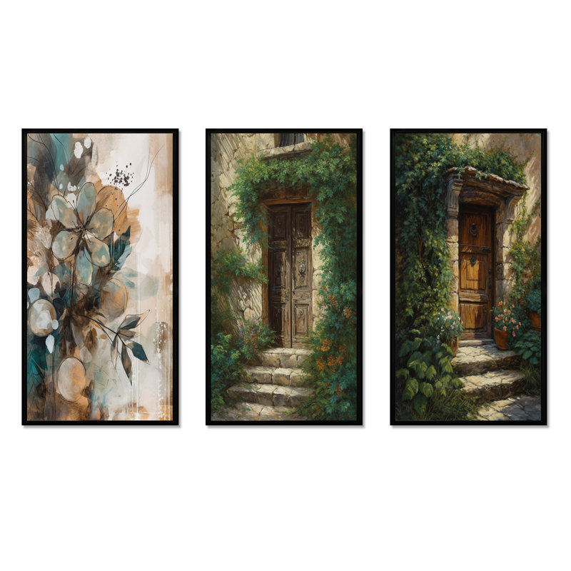 «Brown and Green Nature's Front Door Greeting», 3 pièces sur toile, Cadre flottant noir, H 20 po x l 36 po