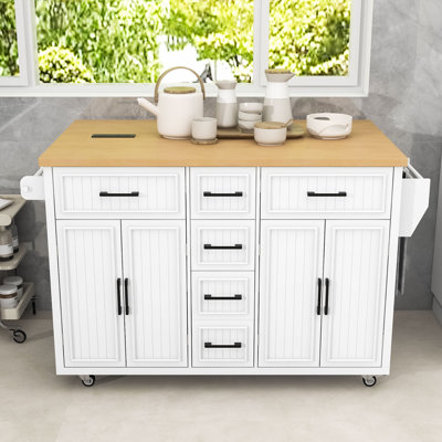 Wooden Kitchen Island with Storage Drawers, Shelves, Charging Station and Drop Leaf