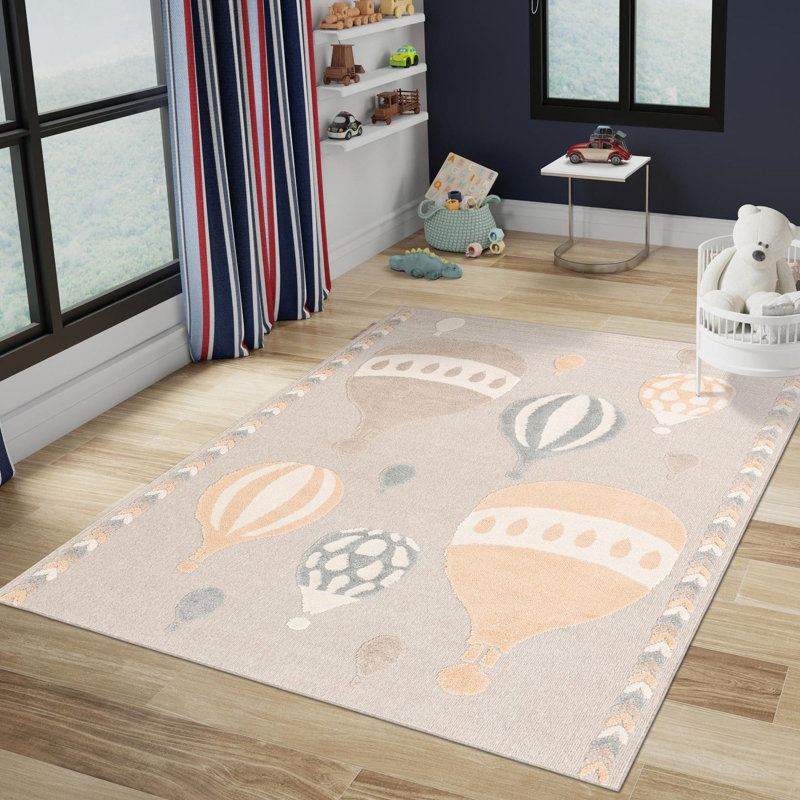 Ivory and Beige Floral Rectangular Kids Rug, 4' x 6'