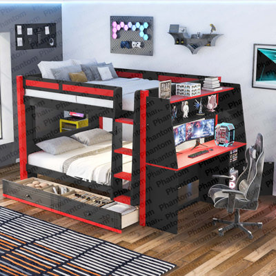 Lit superposé double pleine grandeur avec lumière DEL, bureau et étagères, tiroirs, rouge et noir