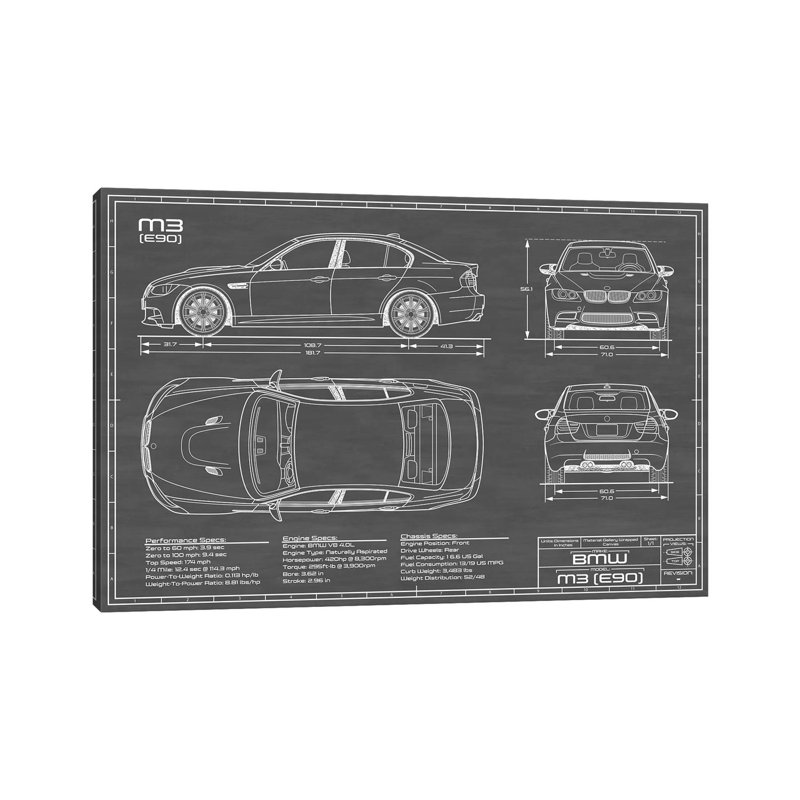 BMW M3 (E90) by Action Blueprints - Wrapped Canvas Gallery-Wrapped Canvas Giclée, 20.32 cm H x 30.48 cm W, Black