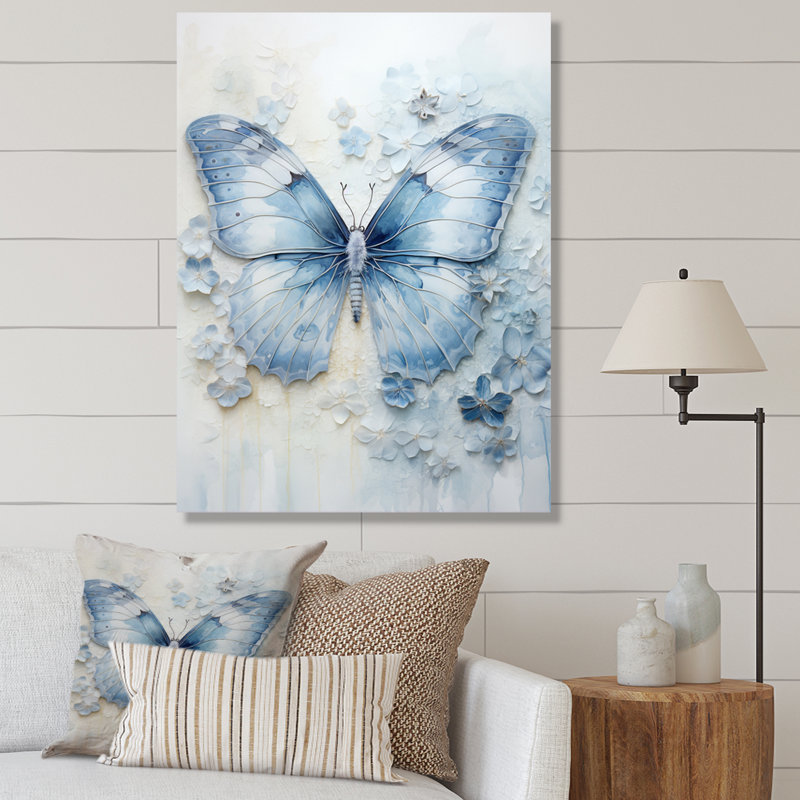 «Blue Butterfly Whispering Wings I», art mural papillon, H 32 po x l 16 po x P 1 po, Toile tendue