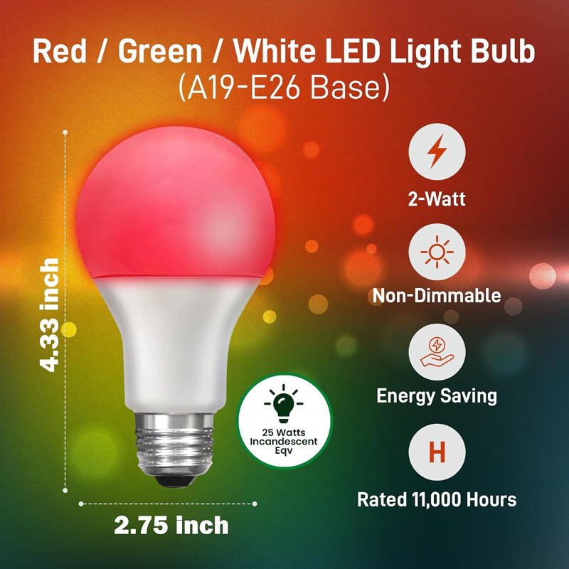  Ampoule DEL à changement de couleur automatique - Cycles automatiques entre le rouge / vert / blanc toutes les 5 secondes - A19, E26, ampoule de Noël à DEL de 2 watts