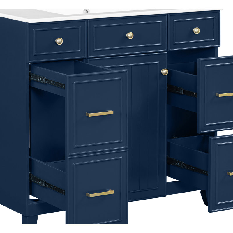Meuble-lavabo bleu autoportant de 91 cm (36 po), structure en bois massif avec lavabo en céramique, 3 tiroirs et portes à fermeture douce, étagères réglables pour salle de bain