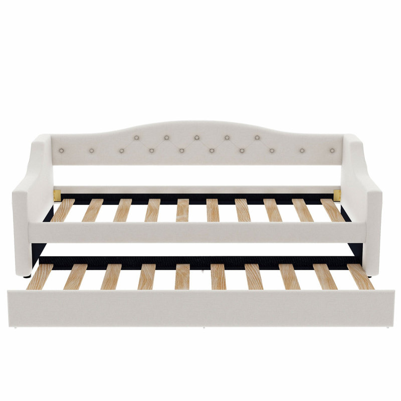 Upholstered Twin Xl Size Daybed With Led Belt And Trundle, Beige