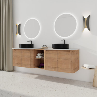 Très grand meuble-lavabo mural 72 po - évier d'art en céramique, 1 tablette de rangement et 4 portes à fermeture en douceur | Fabrication en contreplaqué Kd