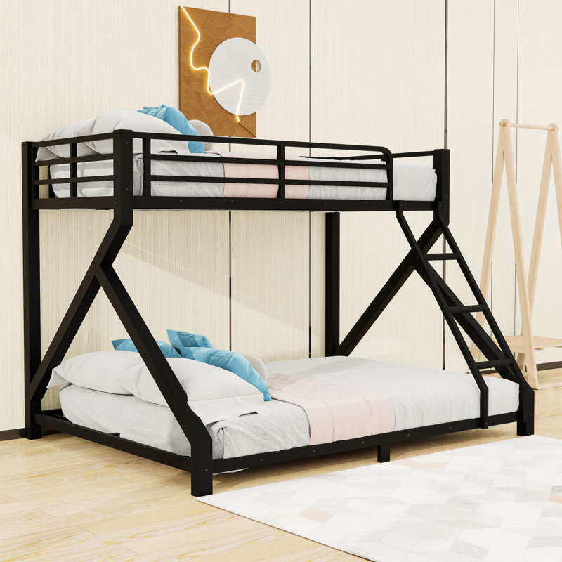 Metal Bunk Bed with Reinforced Slats, Guardrails and Built-In Ladder, Twin Extra Long Over Queen