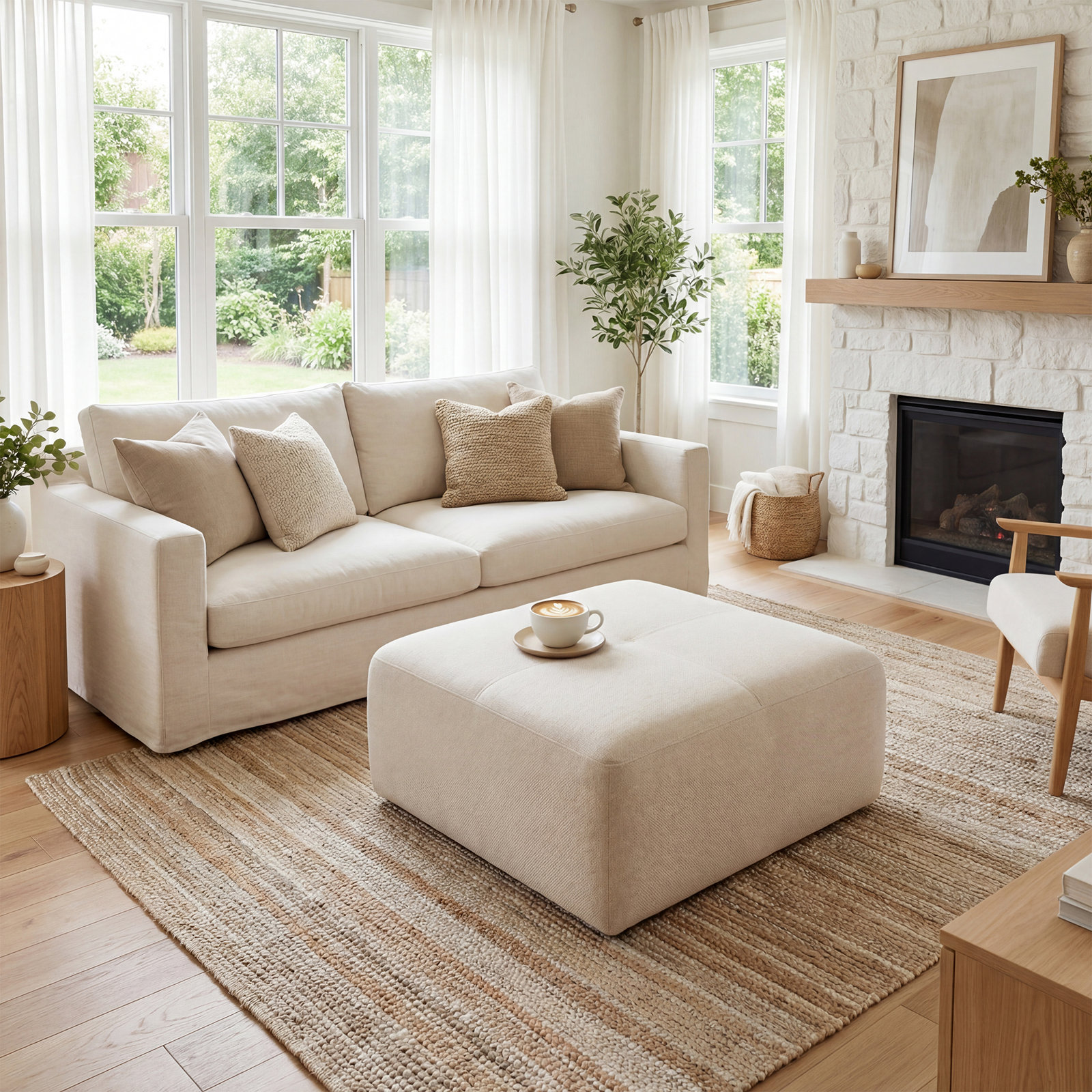 Hartwell 33.9" W Square Upholstered Ottoman, Eggshell Linen-Blend