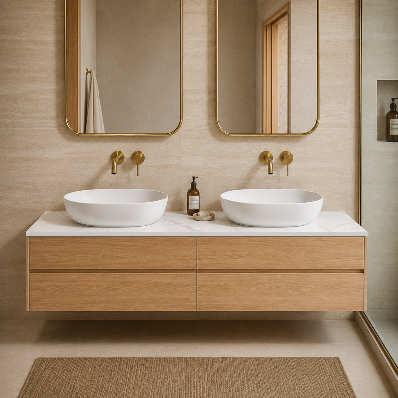 Modern 60" Solid Surface Bathroom Vanity Top for Double Vessel Sinks - White Carrara Design