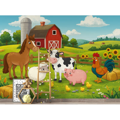 Watercolor Farmhouse Wallpaper Mural – Tractor, Cow, Horse, Pig – Peel & Stick  395DRE