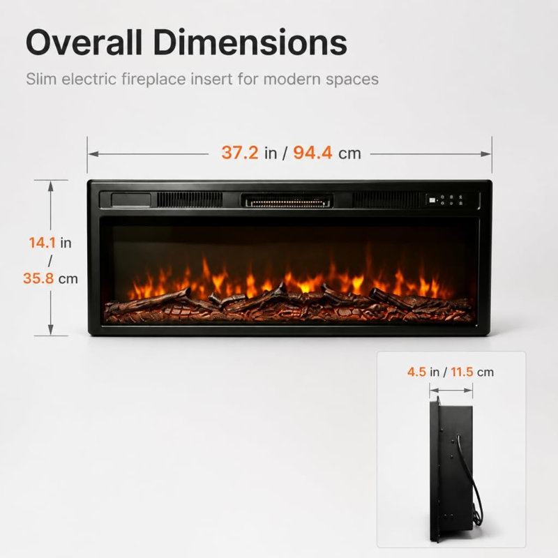 Rebrilliant Black Electric Fireplace Insert, 11.5D x 94.4W x 35.8H