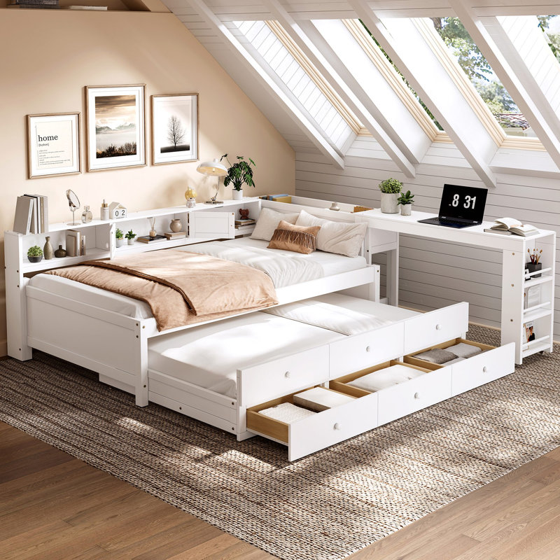 Lit de jour avec couchette, cadre de lit de jour en bois avec tiroirs de rangement, tablettes latérales et bureau, Lit simple