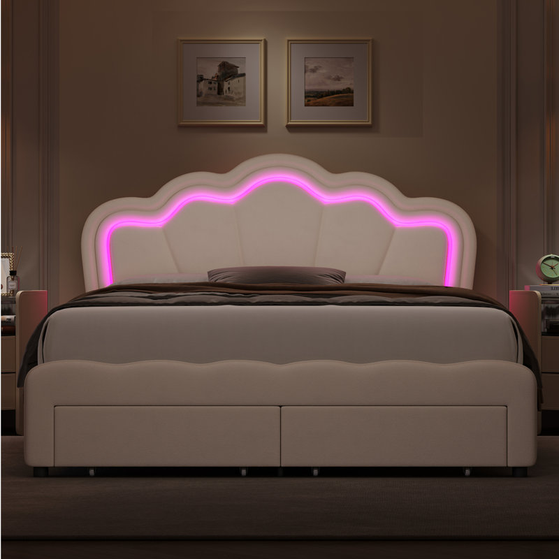 Avalie Upholstered LED Kids Bed with Drawer & Adjustable Headboard, Queen, Cream