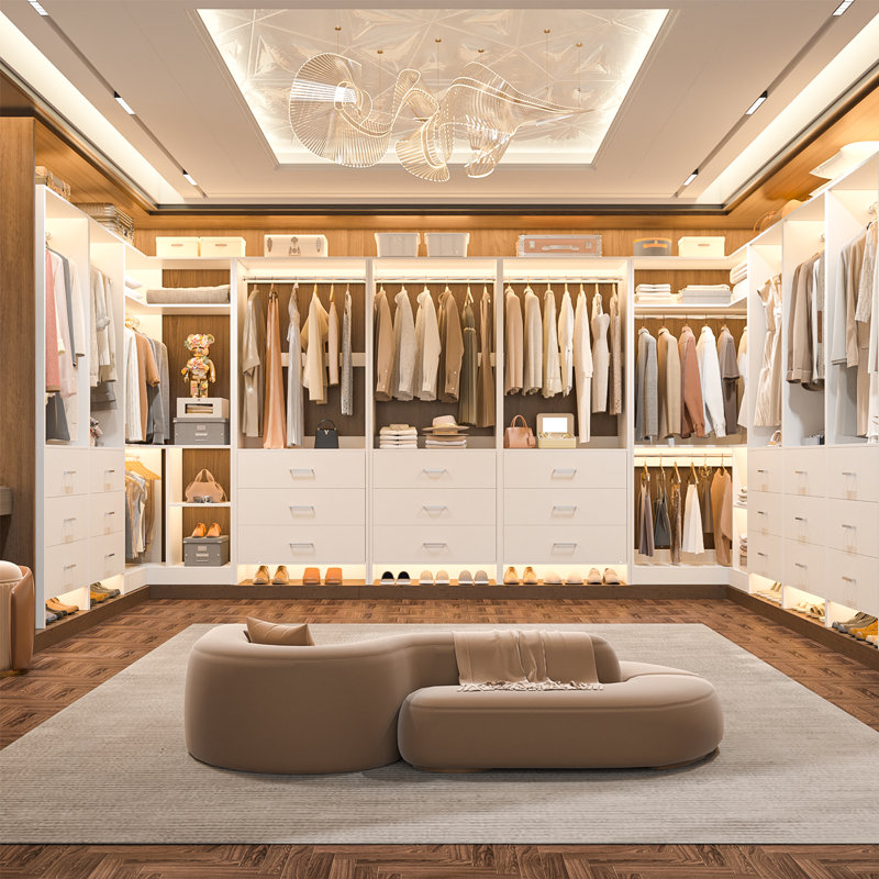 55.2'' - 80.9'' W Closet System with Wooden Drawers and Hanging Rods, White