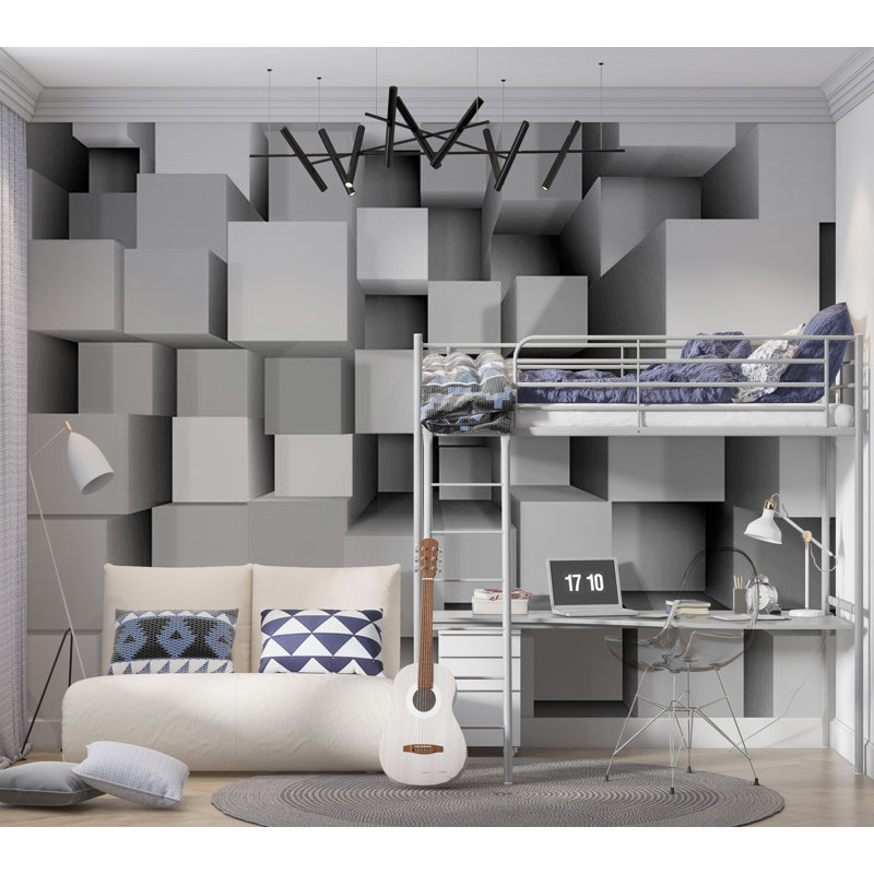 Murale blocs abstraits Ammiel 3D, L 124 po x l 173 po, Gris, Peel & Stick