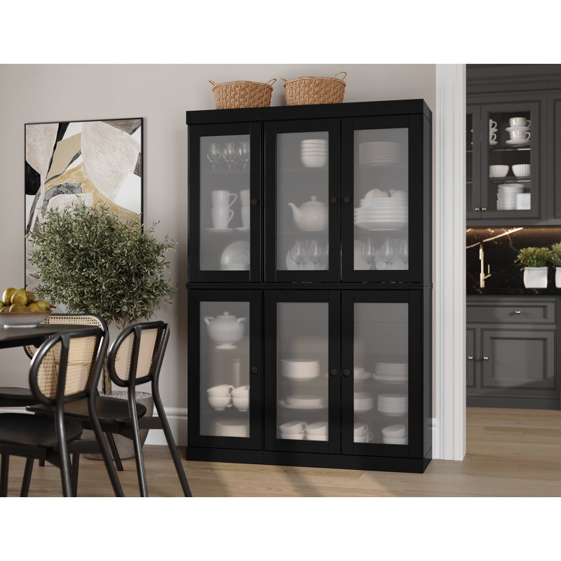100% Solid Wood 48.5" Pantry Cabinet with Frosted Glass Doors, 2-Drawers and Adjustable Shelves, Black