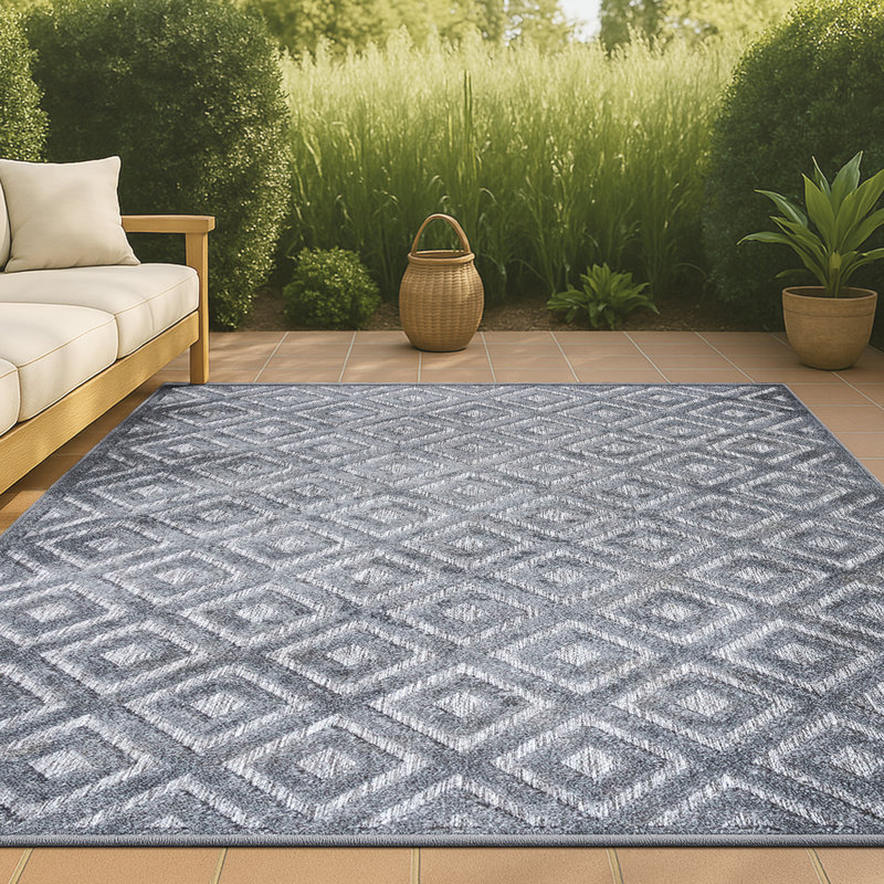 Portmany Neutral Diamond Trellis Dark Gray Indoor/Outdoor Rug, Rectangle 7'9" x 10'