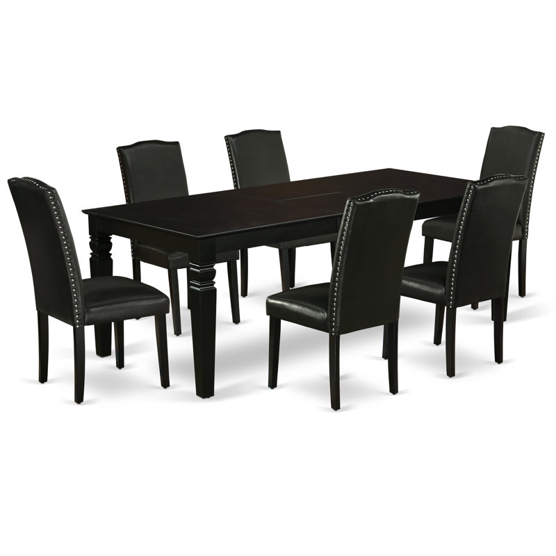 Ensemble de mobilier de salle à manger 7 pièces composé d'une table rectangulaire en bois avec feuille papillon et 6 chaises parsons noires en simili cuir, noir