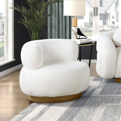 Luxueux fauteuil rond de salon avec mouvement pivotant, tissu blanc doux, revêtement doré, meubles en bois massif, 1 pièce