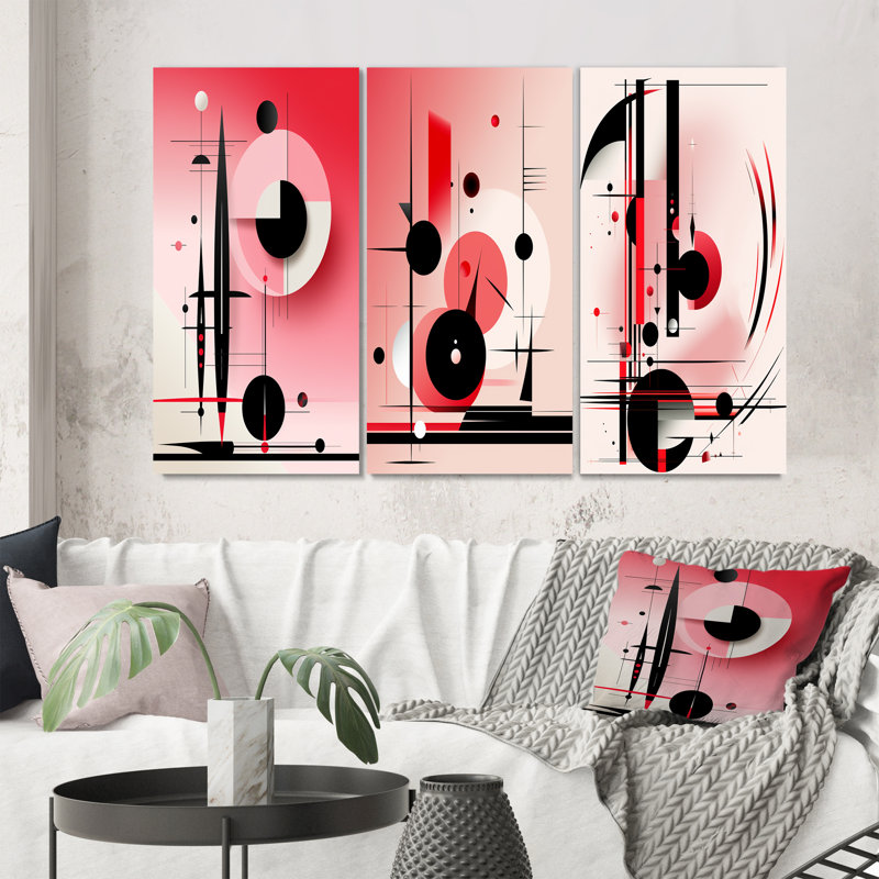 «In The Know Circular Geometrics Black and Pink», 3 pièces sur toile, Toile tendue, H 40 po x l 60 po