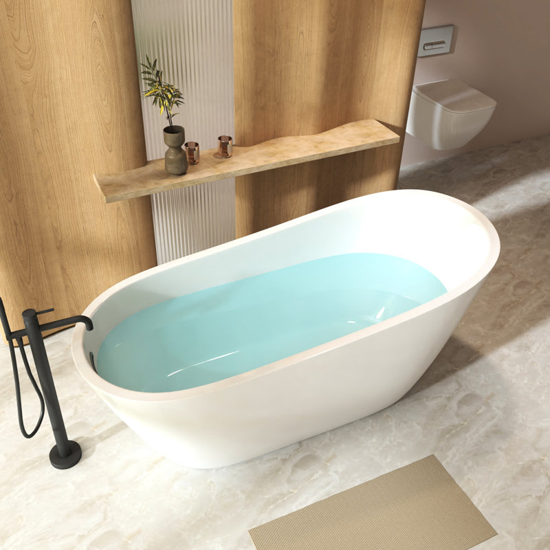 Special - Shaped 59" Freestanding Acrylic Soaking Tub With Reversible Drain, Contemporary Aesthetics 59 Inch Bathtub In Gloss White, Overflow, Ideal For Bathing