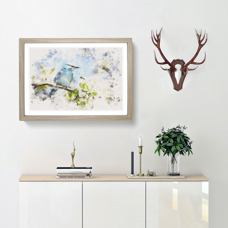 Blue Bird and Cherry Blossom Tree - Picture Frame Graphic Art Print, 62cm H x 87cm W x 2cm D, Oak Framed
