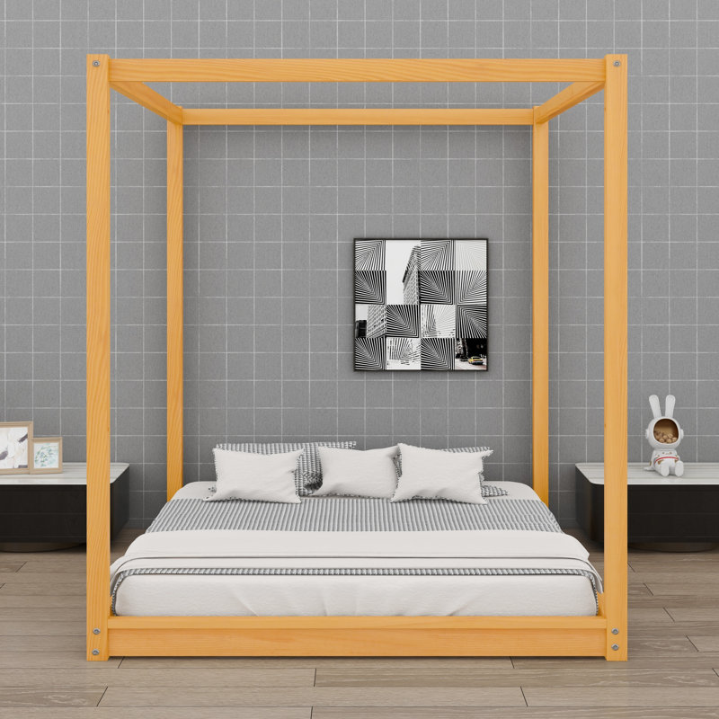 Lit plateforme contemporain à baldaquin avec pieds de soutien pour la chambre à coucher, Naturel
