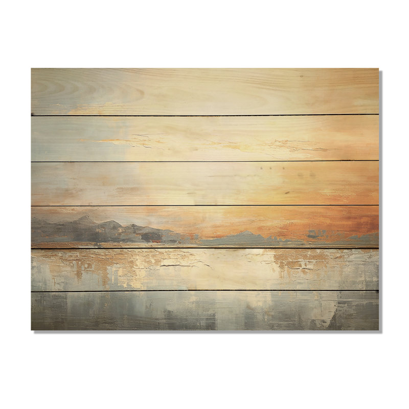 Minimalisme, coucher de soleil beige et doré - Coucher de soleil sur bois de pin naturel, H 10 po x l 20 po
