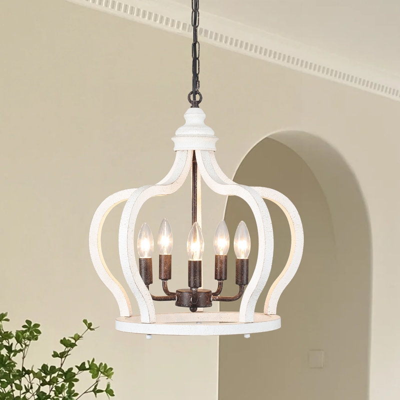 Andelain 5 - Light 17"W Dimmable Candle Style Geometric Chandelier with Distressed Wood Accents, Antique Black/White