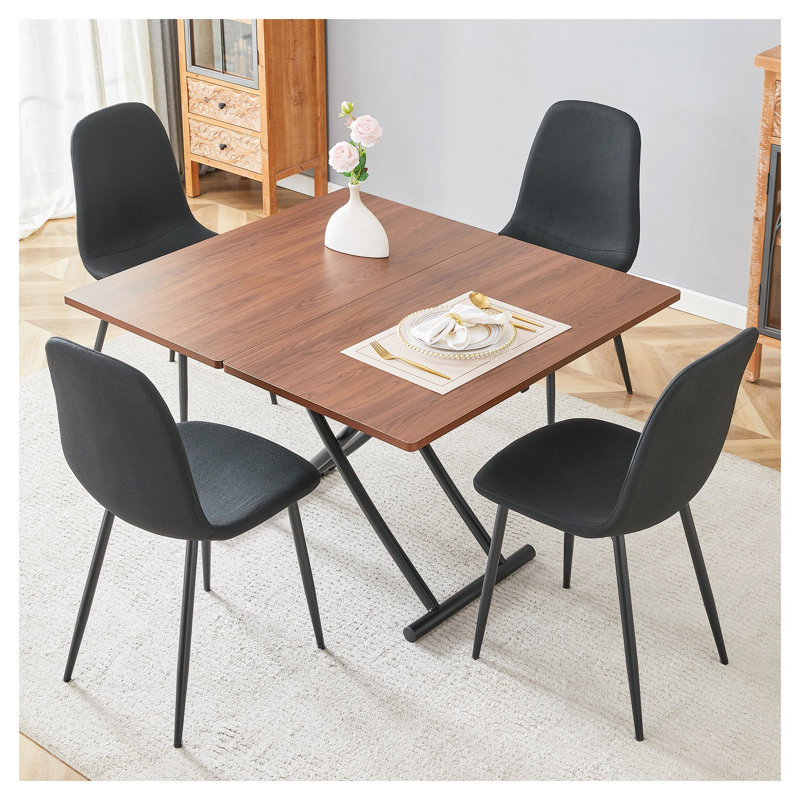 Ensemble de table de salle à manger à plateau relevable moderne avec hauteur réglable, table de cuisine à finition noyer et 4 chaises en lin noir pour petits espaces