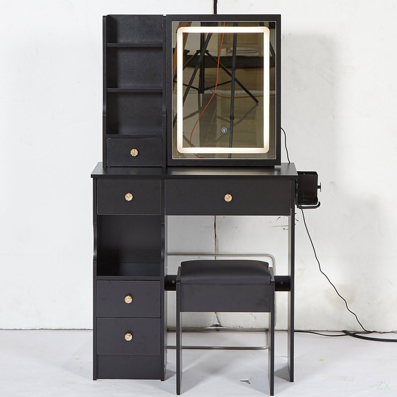 29.2" Small Size Left Drawer Desktop Vanity Table + Cushioned Stool