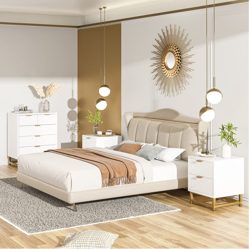 Commode 5 tiroirs L 23,6 po Latawn, Blanc / Doré
