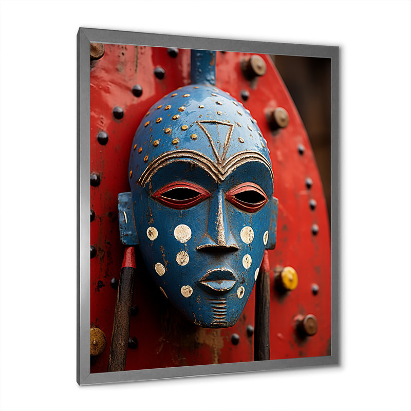 Masque rituel africain festif I, Cadre simple argenté, H 20 po x l 12 po x P 1 po