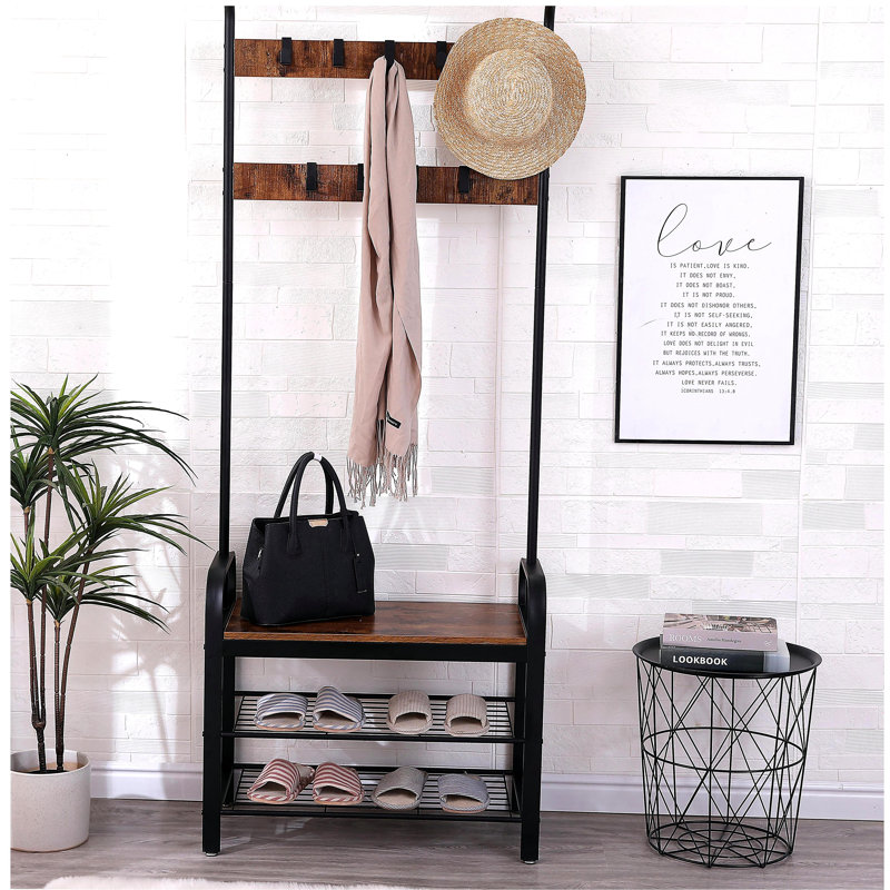 Portemanteau, portemanteau avec banc à chaussures pour l'entrée, banc d'entrée avec portemanteau, 4 en 1, avec 9 crochets amovibles, une tringle suspendue, brun rustique et noir 15 po x 28 po x 71 po